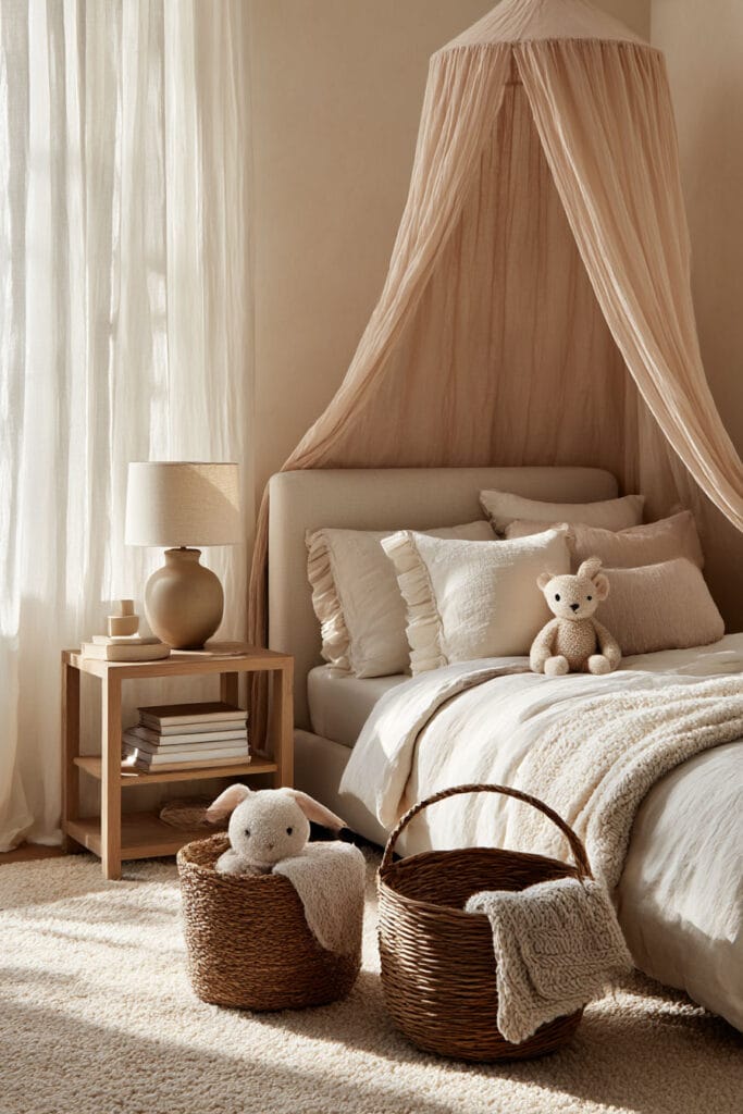 Small girls bedroom with neutral canopy bed, woven baskets for toy storage, soft cream bedding, and cozy neutral decor.