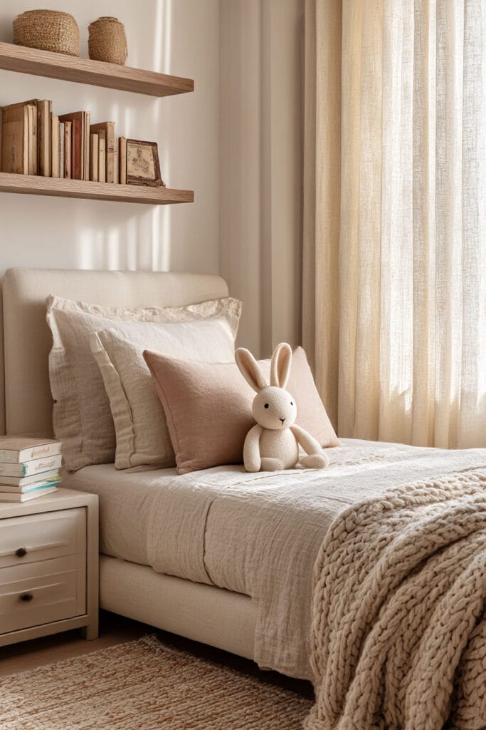 Small little girl’s bedroom with floating shelves, neutral bedding, blush accent pillow, bunny plush toy, and warm natural sunlight.