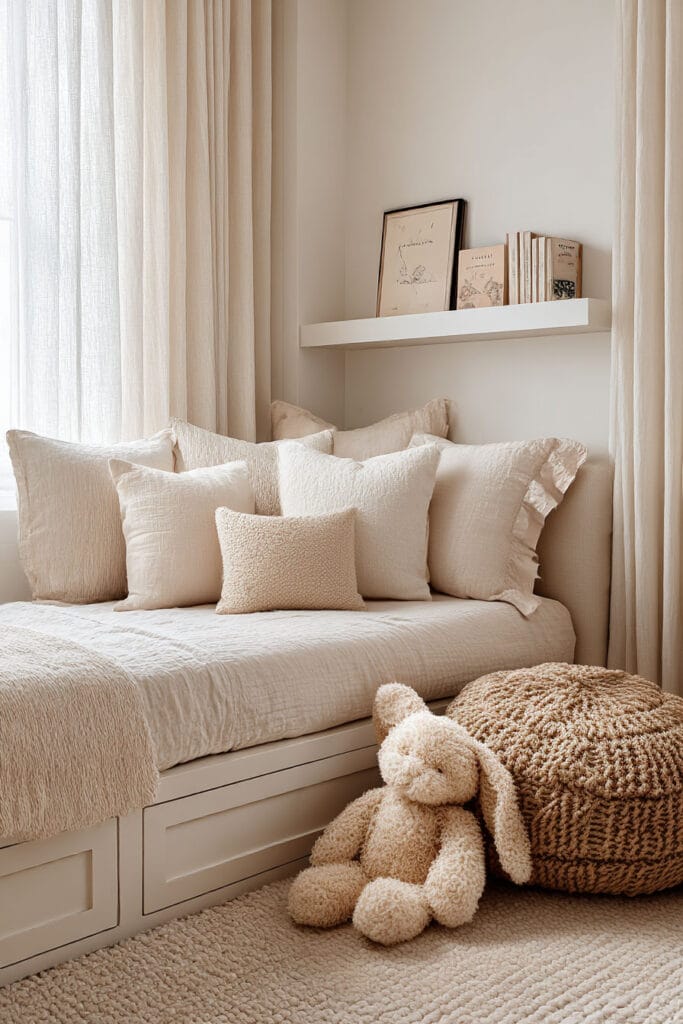 Small neutral little girls bedroom with cozy daybed, layered pillows, knit pouf, and soft minimal decor.
