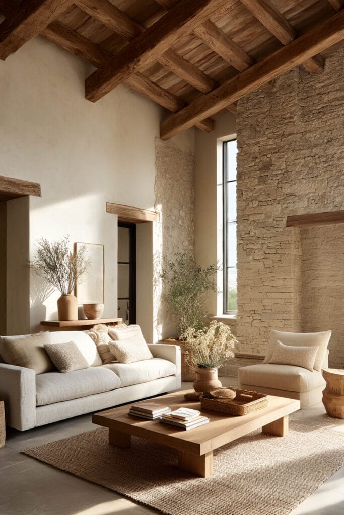 Timeless organic modern living room with stone accent wall, exposed wood beams, neutral sofa, and natural decor.