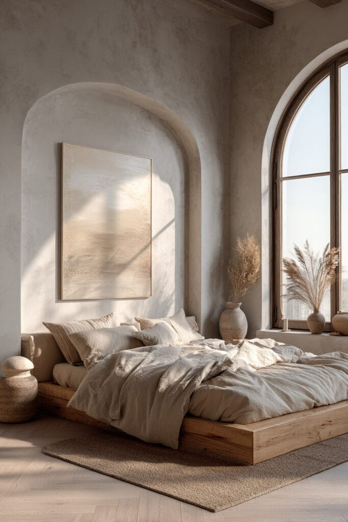 Japandi bedroom with arched wall niche, large neutral artwork, wood platform bed, and soft natural light through arched window