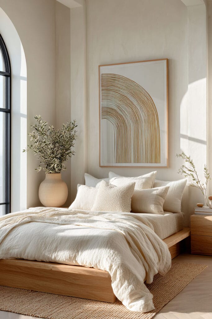Japandi bedroom with geometric wall art, light wood platform bed, neutral linen bedding, and natural sunlight