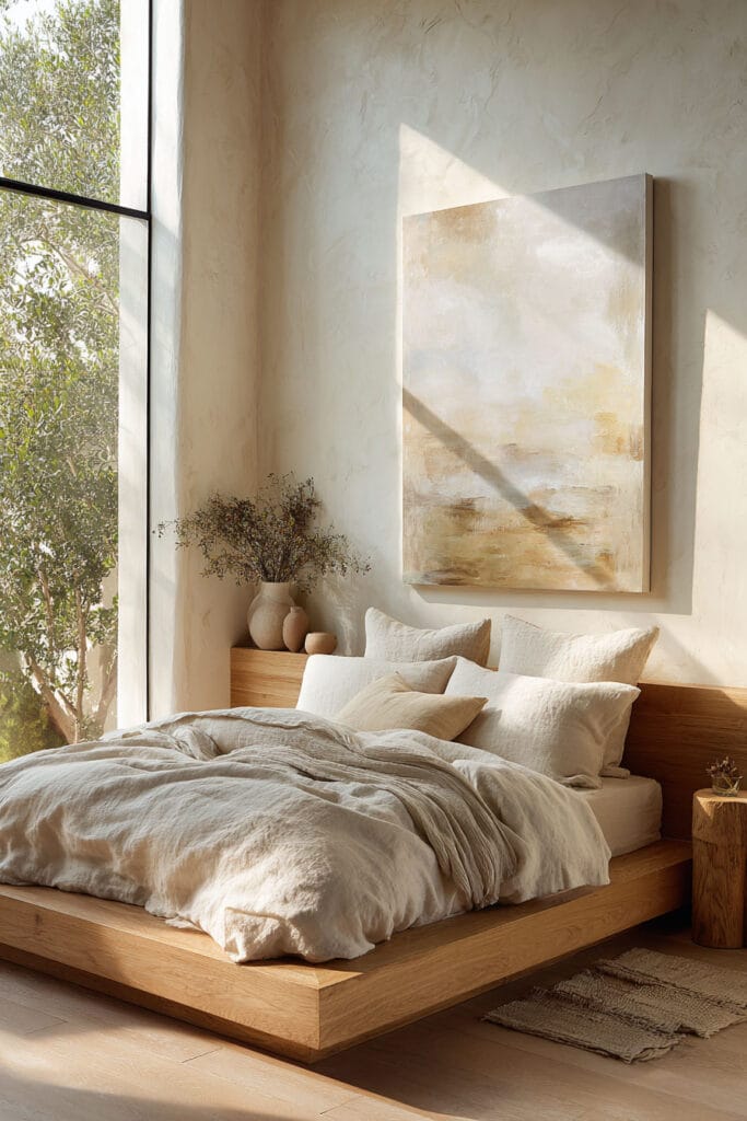 Japandi bedroom with neutral abstract wall art, light wood platform bed, linen bedding, and large window with natural sunlight