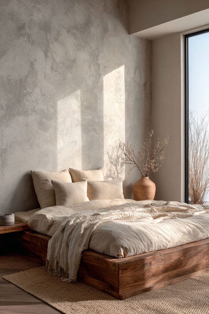 Japandi bedroom with textured plaster wall, dark wood platform bed, neutral linen bedding, large window, and minimalist decor