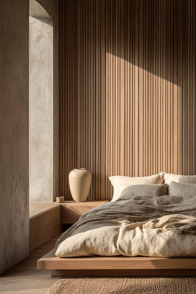 Japandi bedroom with vertical wood slat wall panel, low platform bed, neutral linen bedding, and warm natural sunlight