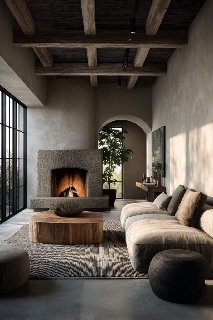 Natural materials living room with wood ceiling beams, textured plaster fireplace, neutral sofa, and organic wood coffee table.