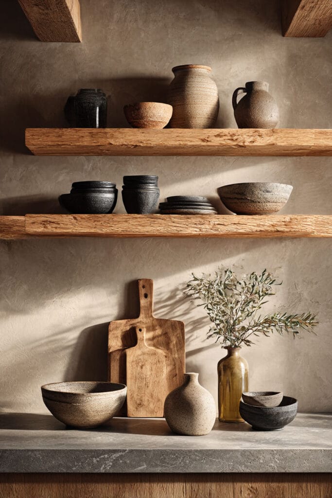 open kitchen shelving with earthy ceramics, wood cutting boards, plaster walls, and warm organic kitchen styling