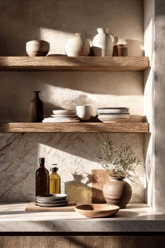 Open kitchen shelving with neutral ceramic dishes, olive oil bottles, wood shelves, and marble backsplash in a warm organic modern kitchen