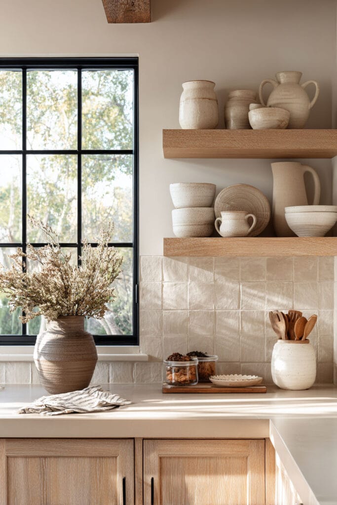 open kitchen shelving with neutral ceramic dishes, textured tile backsplash, and light wood cabinets in a warm minimalist kitchen