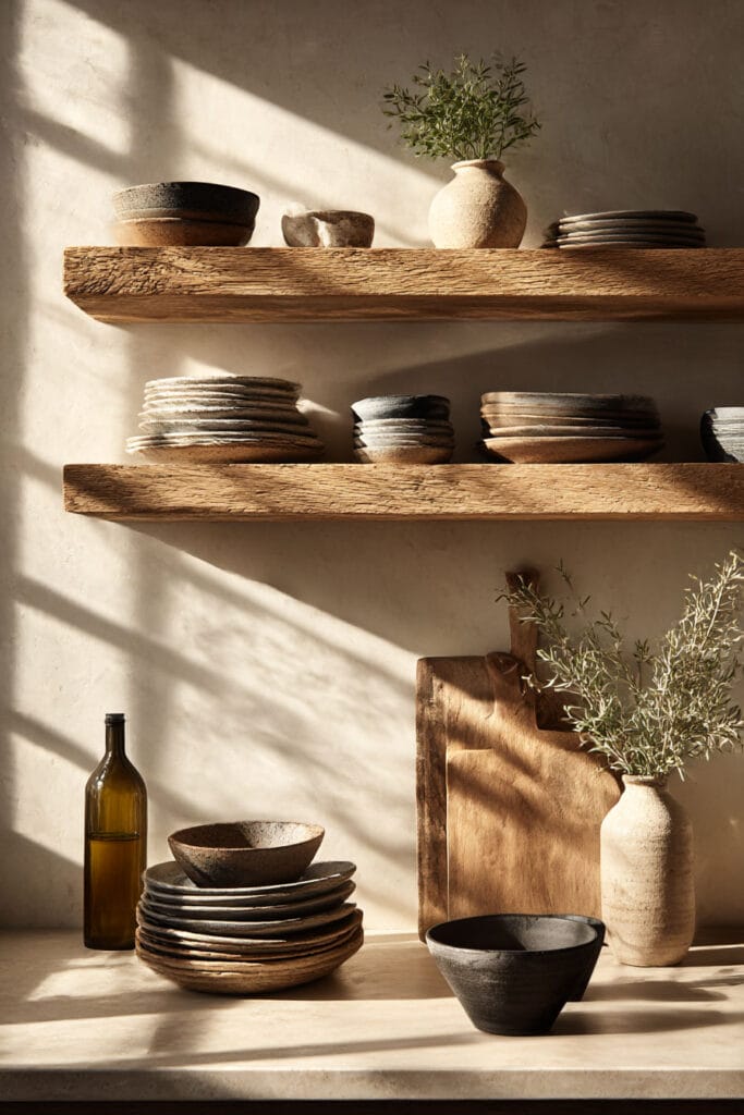 open kitchen shelving with stacked ceramic dishes, wood shelves, and earthy decor in a warm organic modern kitchen design