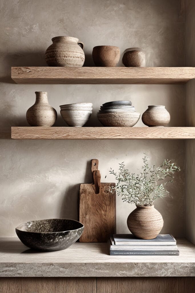 open kitchen shelving with earthy ceramics wood accents and plaster walls in organic modern kitchen design
