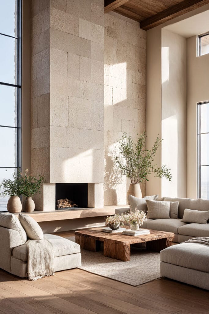 Organic modern living room with tall stone fireplace, neutral sectional sofa, wood coffee table, and natural textures.