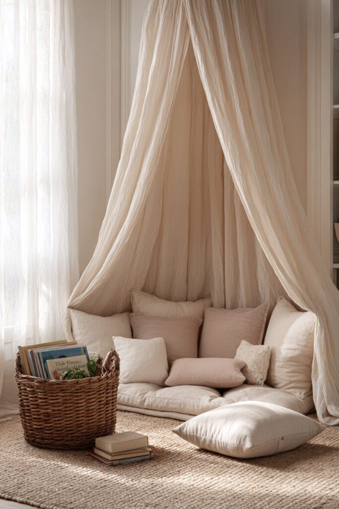 Small little girl’s bedroom cozy floor reading corner with canopy drape, soft cushions, basket of books, and neutral decor.