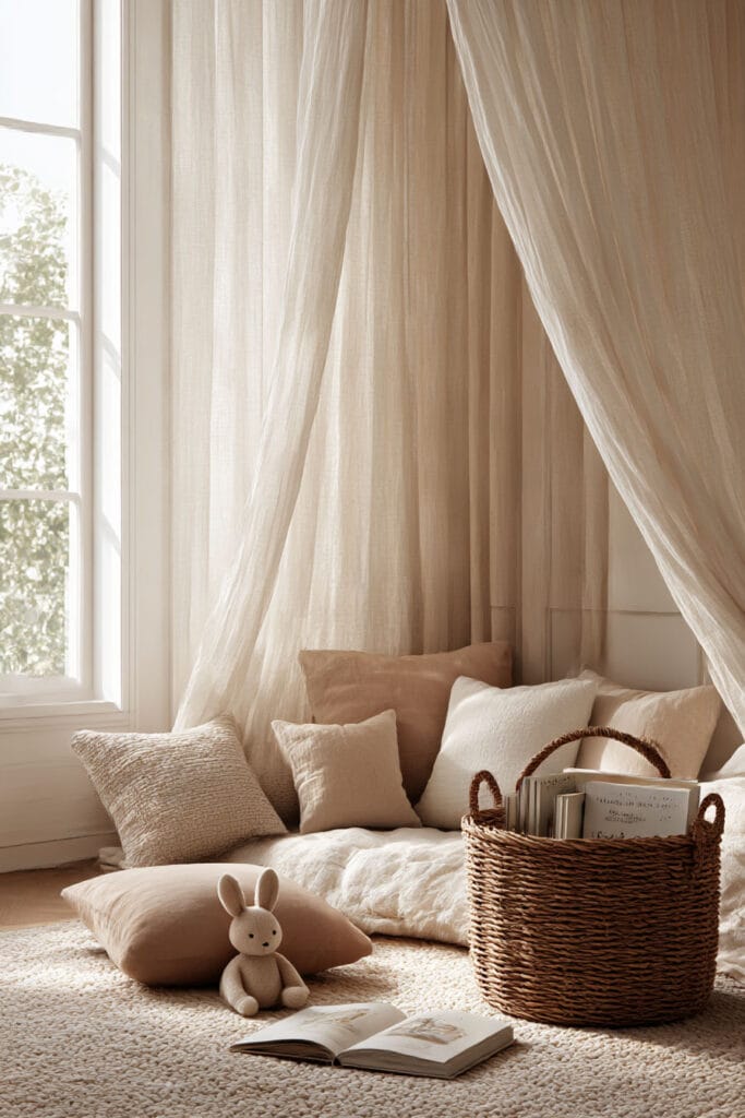 Small little girls bedroom reading nook with floor cushions, canopy drapes, woven basket of books, and cozy neutral decor.
