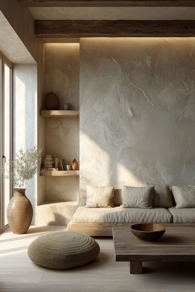 Organic modern living room with plaster walls, wood shelving, neutral sofa, and warm natural textures