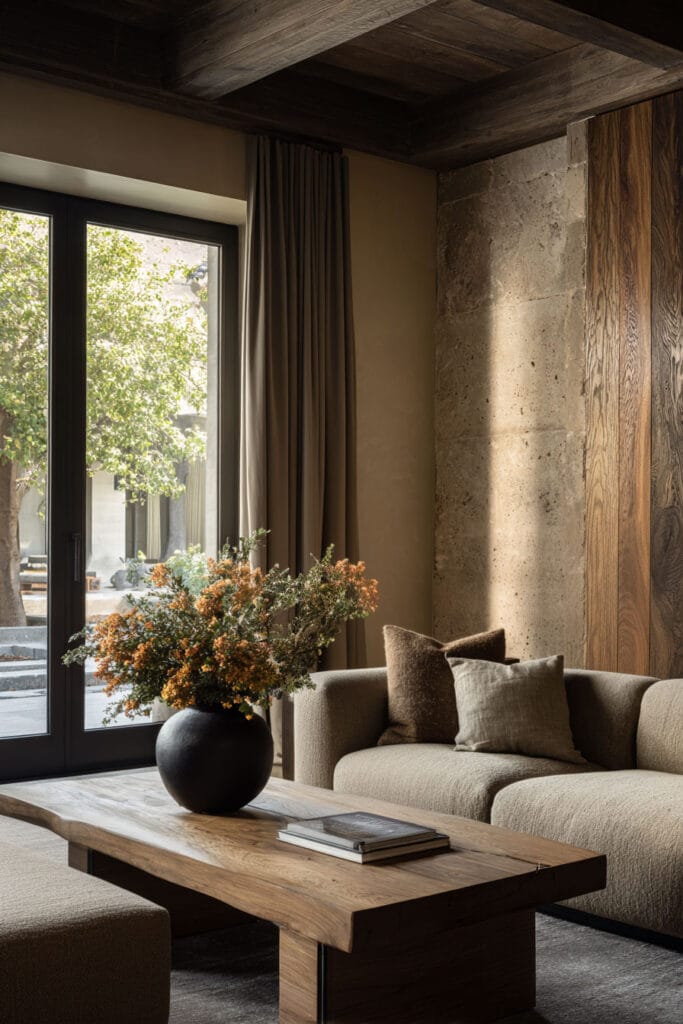 Organic modern living room with dark wood ceiling beams, stone wall, linen sofa, and natural wood coffee table.