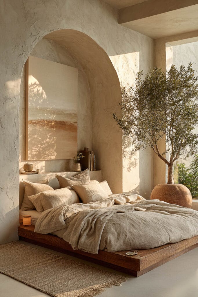 Japandi bedroom with arched wall niche, olive tree in ceramic pot, neutral artwork, and soft linen bedding with warm sunlight