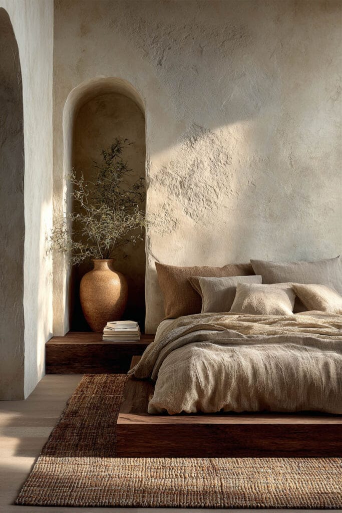 Japandi bedroom with arched wall niche, neutral linen bedding, wooden platform bed, and earthy ceramic decor