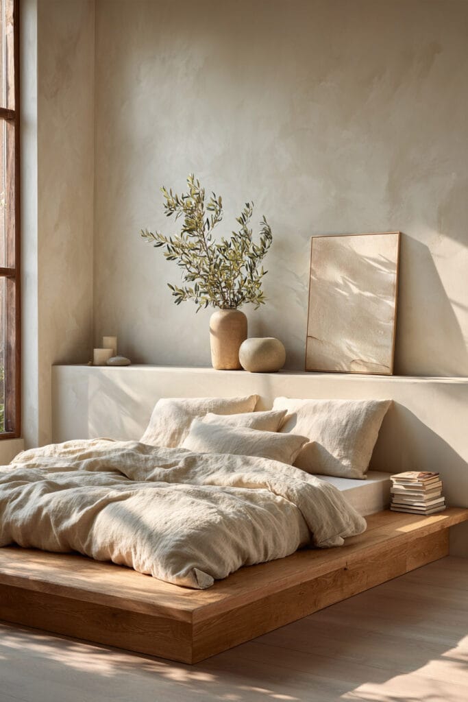 Japandi bedroom with minimal wall art, olive branch in ceramic vase, low wood platform bed, and neutral linen bedding