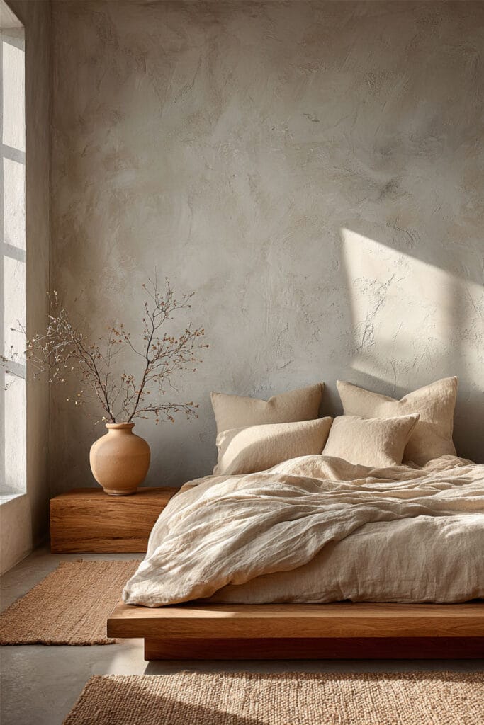 Japandi bedroom with minimal wall decor, light wood platform bed, neutral linen bedding, textured wall, and soft natural sunlight
