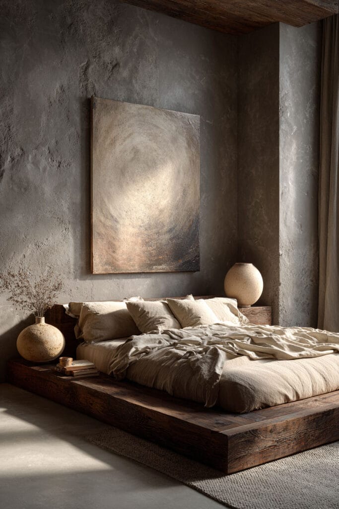Japandi bedroom with moody abstract wall art, dark textured plaster wall, wooden platform bed, and neutral linen bedding