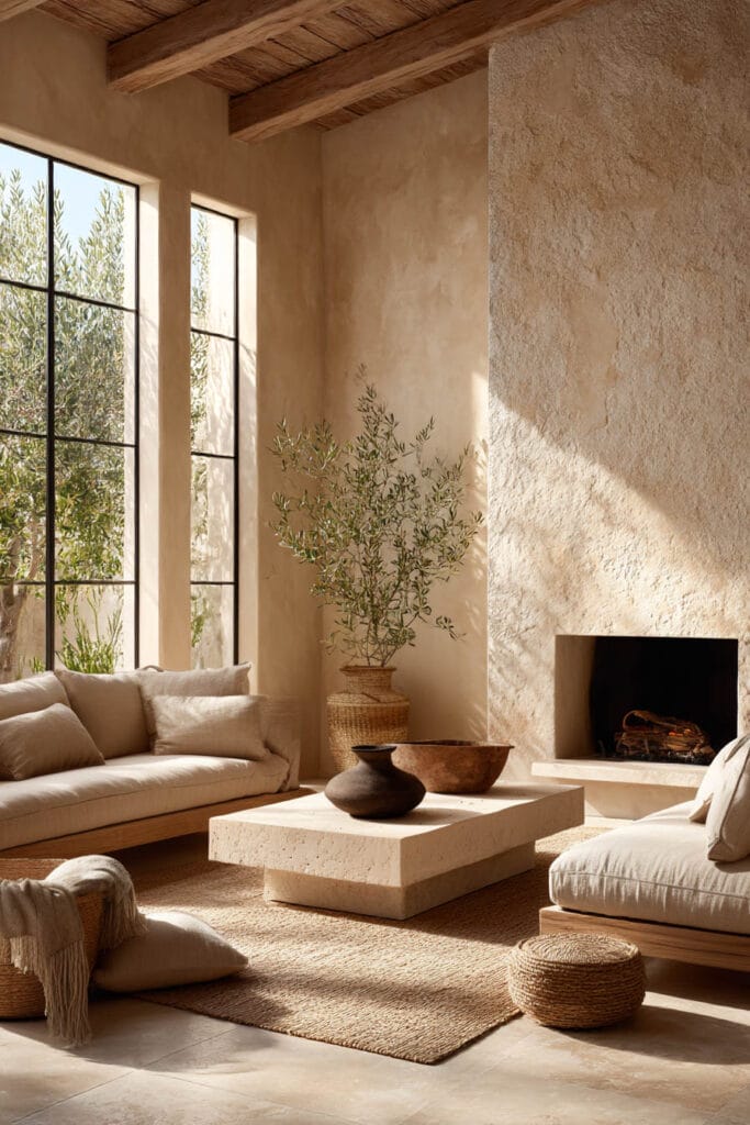 Natural materials living room with plaster fireplace, stone coffee table, linen sofas, and large windows bringing in natural light.