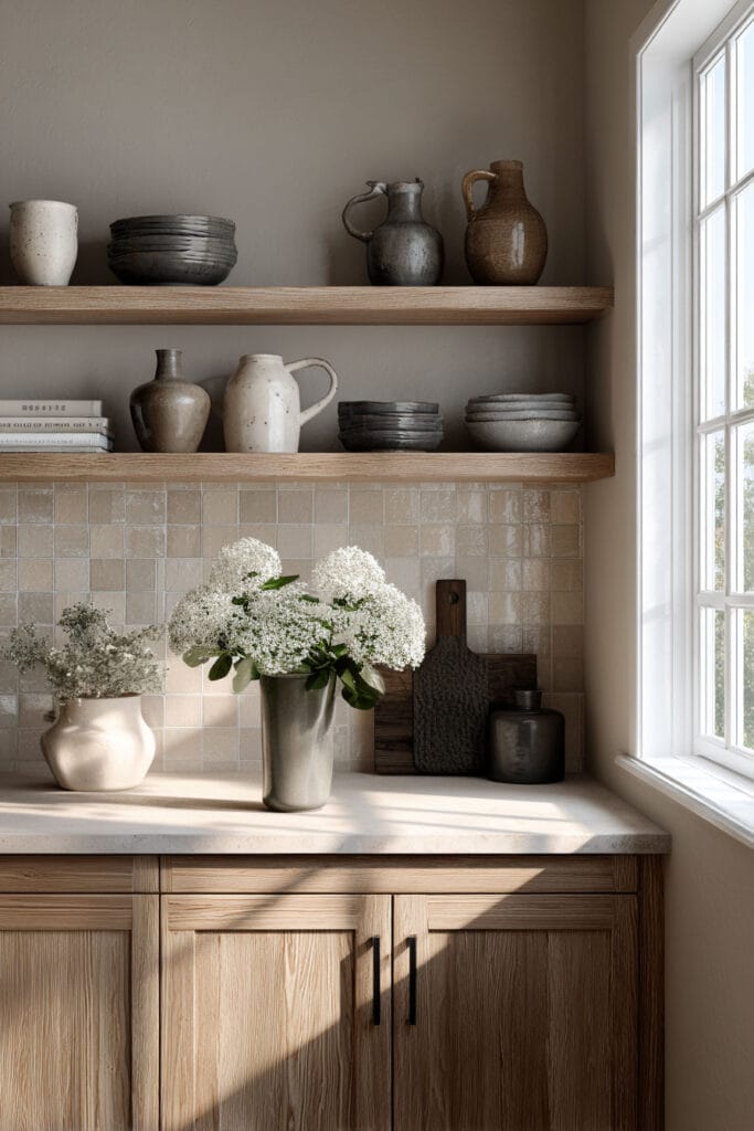 open kitchen shelving with neutral ceramic vases, beige tile backsplash, light wood cabinets, and fresh flowers by a window