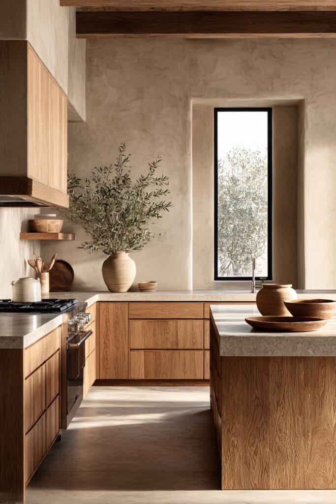organic modern kitchen with light wood cabinets plaster walls natural stone island and neutral decor