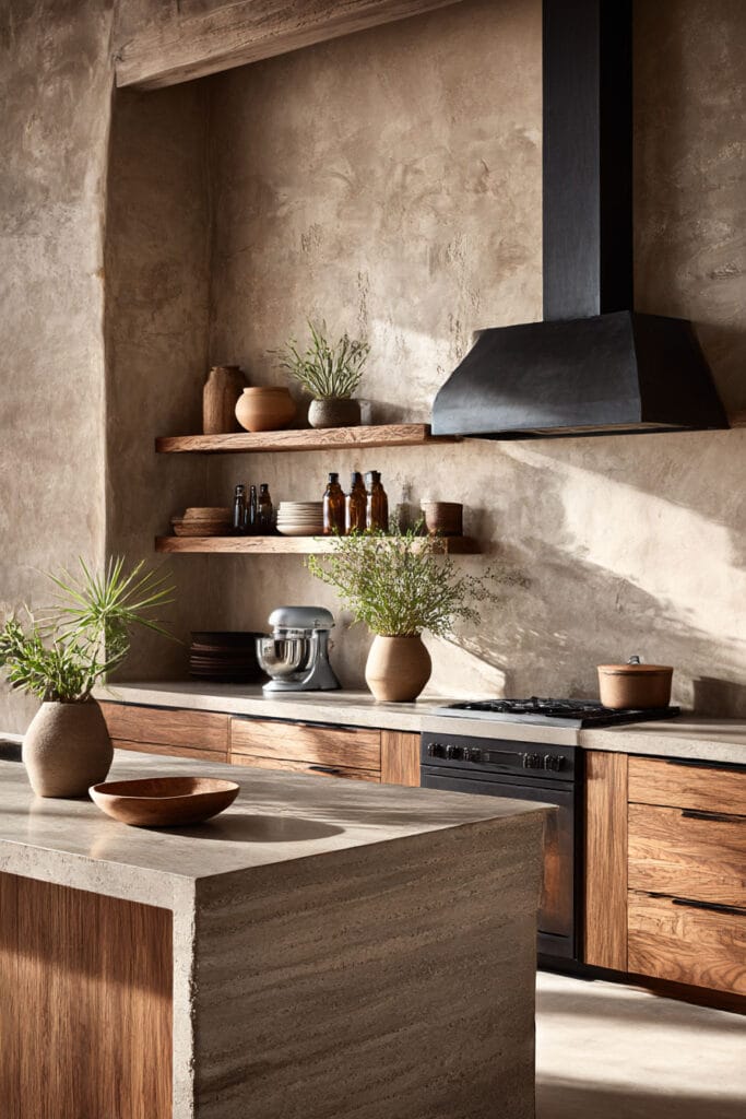 Organic modern kitchen with plaster walls, wood cabinets, stone island, open shelving, and black range hood
