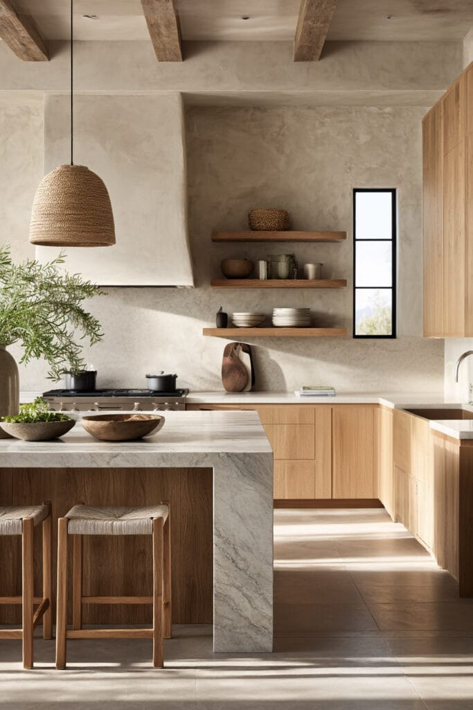 organic modern kitchen with wood cabinets, plaster walls, marble waterfall island, open shelving, and woven pendant light