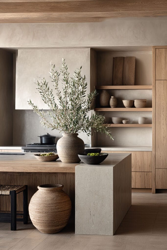 organic modern kitchen with wood cabinets, plaster walls, open shelving, and large ceramic vase with olive branches on island