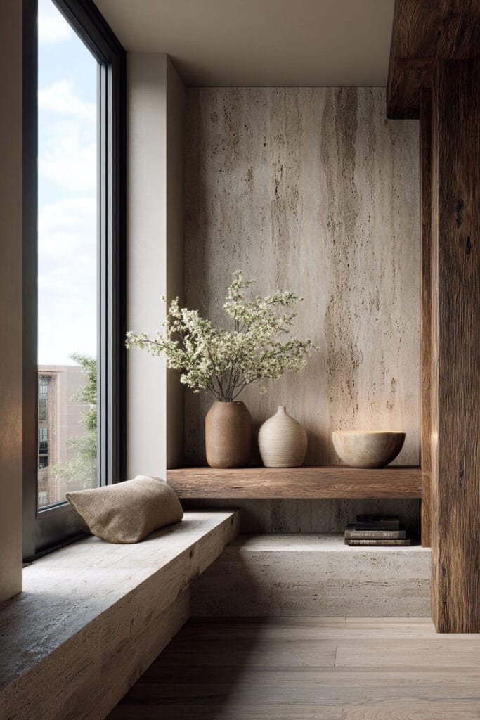 Organic modern window nook with travertine bench, wood shelf, and neutral ceramic decor.