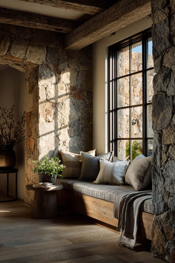 Organic modern window seat with stone walls, exposed wood beams, and neutral cushions in warm natural light.
