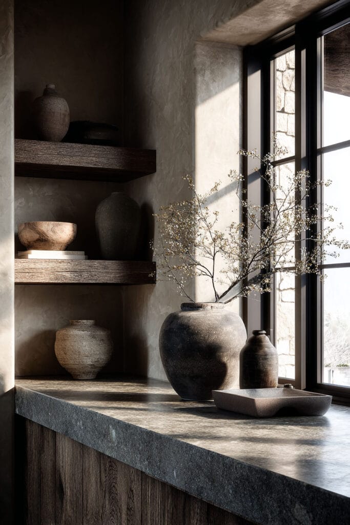 Stone countertop with wood shelving, clay pottery, and natural materials in a warm organic interior