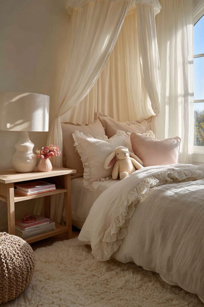 Cozy blush and neutral little girl’s bedroom with sheer canopy bed, ruffled linen bedding, plush bunny toy, and warm sunlight from a window.