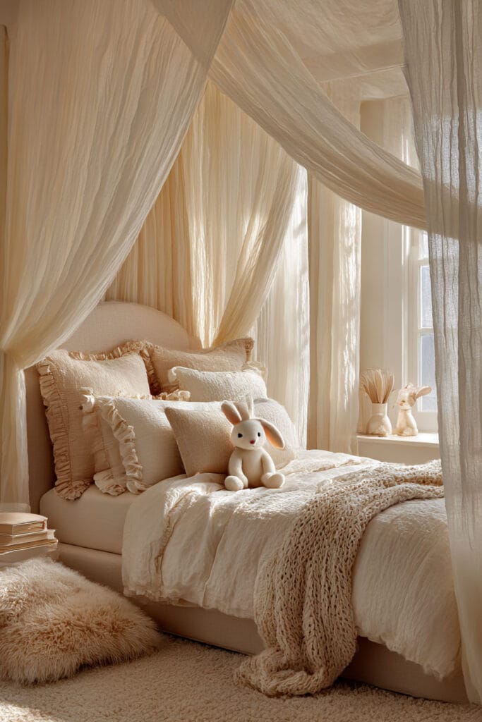Cozy neutral little girls bedroom with flowing canopy drapes, cream bedding, textured pillows, plush bunny toy, and warm natural sunlight.
