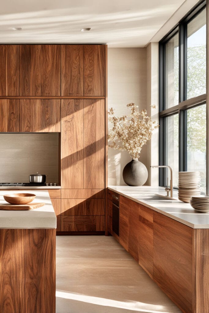 dark warm wood kitchen cabinets with white countertops, large window, natural light, and modern organic kitchen design