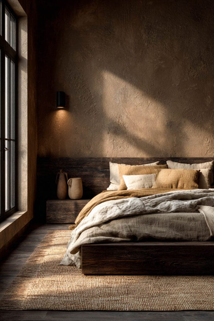 Japandi bedroom with dark wood platform bed, warm earthy bedding, textured plaster wall, woven rug, and soft natural light creating a cozy minimalist space