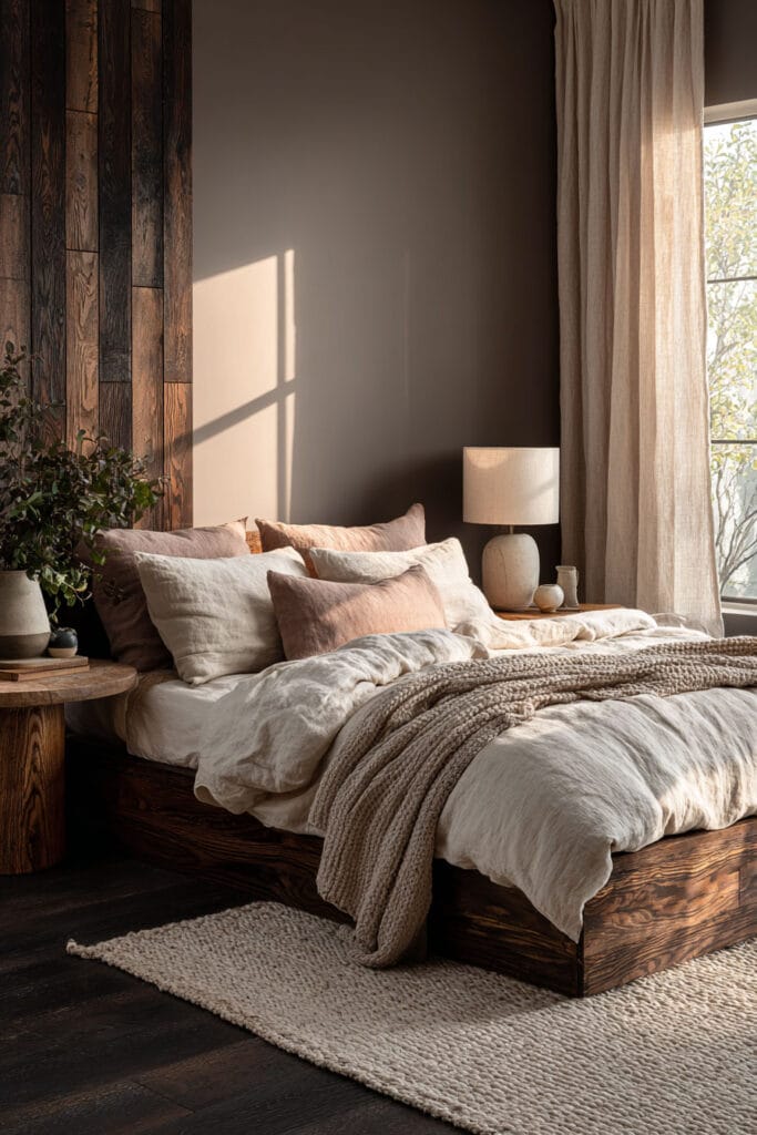 Japandi bedroom with layered linen bedding, warm neutral tones, wood bed frame, textured throw, and soft natural window light