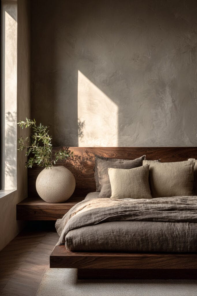 Japandi bedroom with low wooden platform bed, linen bedding, textured plaster wall, and warm sunlight creating soft shadows