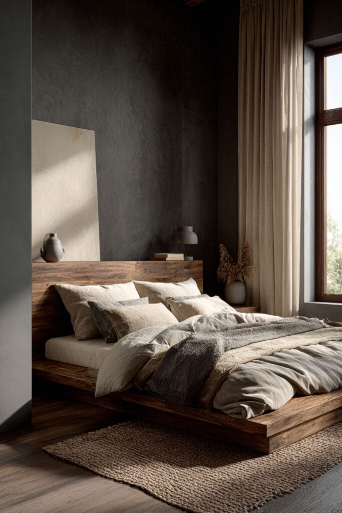 Japandi bedroom with low wood platform bed, layered neutral bedding, textured wall, and soft natural window light