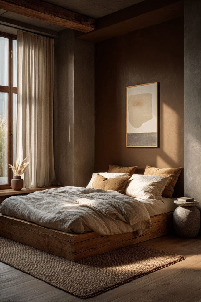 Japandi bedroom with dark wood platform bed, warm neutral plaster wall, linen bedding, woven rug, and soft natural window light