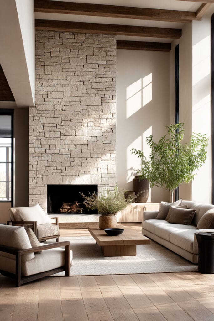 Organic modern living room with stacked stone fireplace, exposed wood beams, neutral sofa seating, and natural wood coffee table