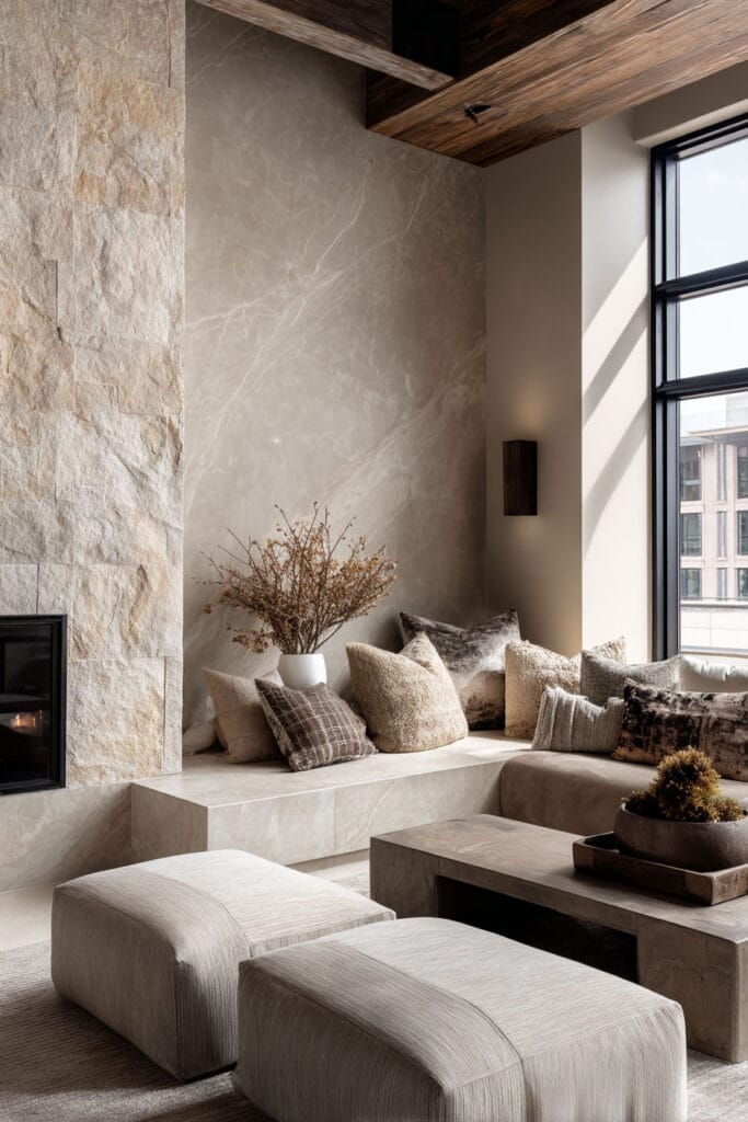 Organic modern living room with textured stone fireplace, plaster walls, wood ceiling beams, built-in bench seating, and layered neutral pillows.