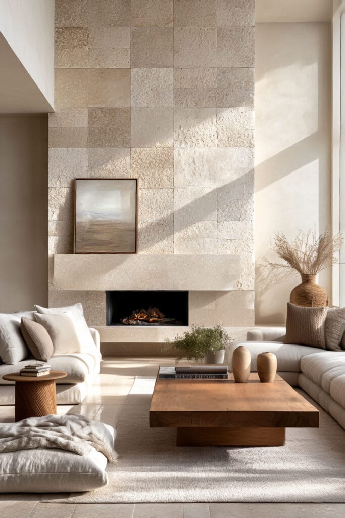 Organic modern living room with textured stone tile fireplace wall, warm wood coffee table, neutral linen seating, and natural sunlight highlighting earthy materials.
