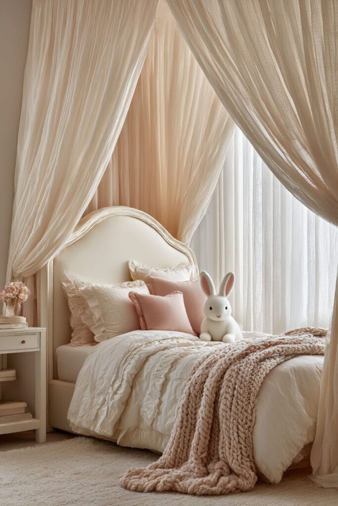 Soft blush and neutral little girls bedroom with a canopy bed, upholstered curved headboard, layered pillows, and plush bunny toy.