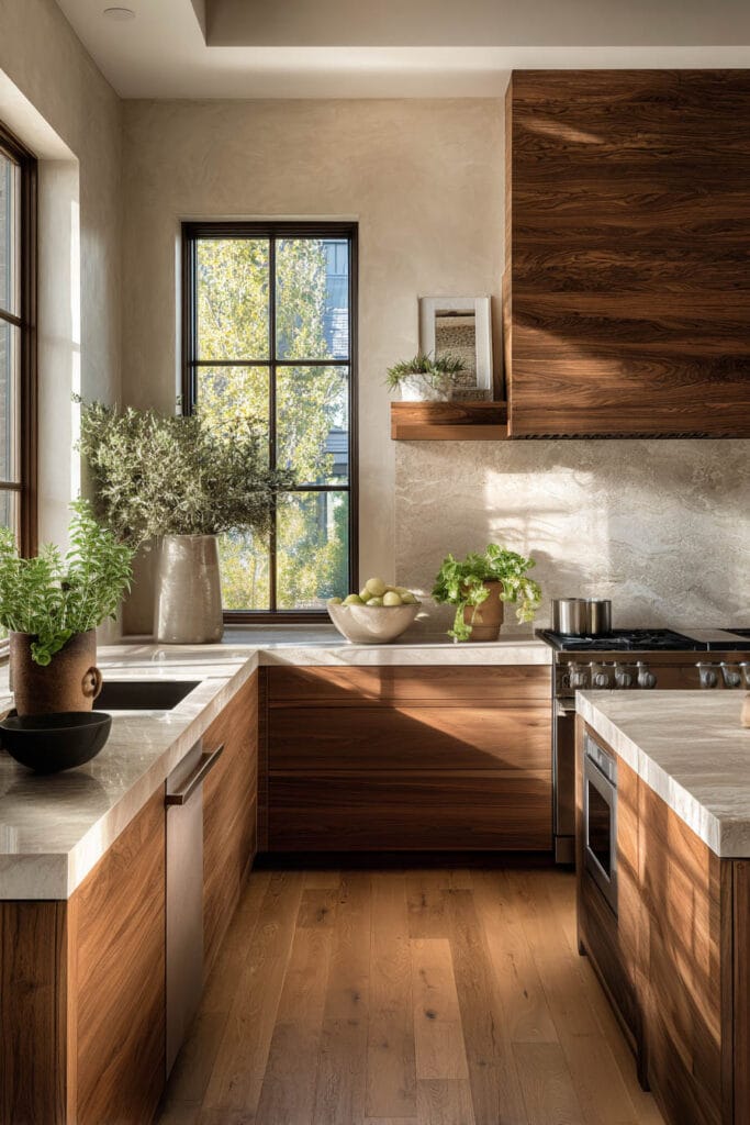 Warm wood kitchen cabinets with natural stone countertops, window light, and plants in a cozy organic modern kitchen design