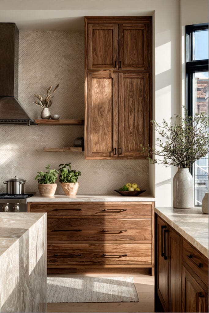 warm wood kitchen cabinets with natural grain, stone countertops, textured backsplash, and organic modern kitchen design with earthy neutral tones