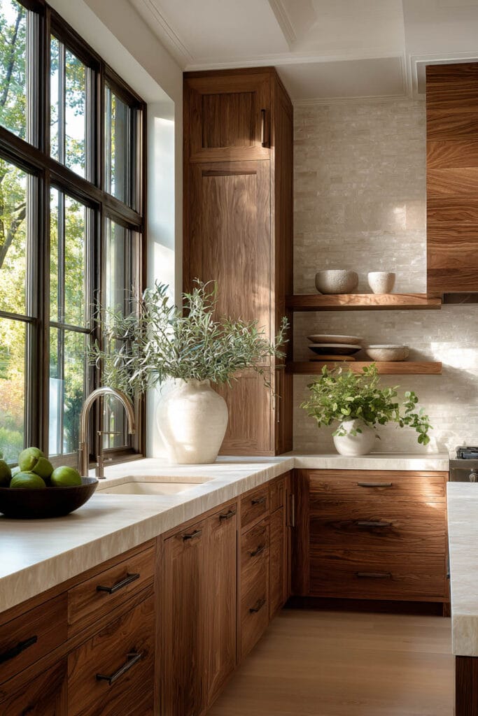 warm wood kitchen cabinets with open shelving, natural stone countertops, and greenery in an organic modern kitchen design