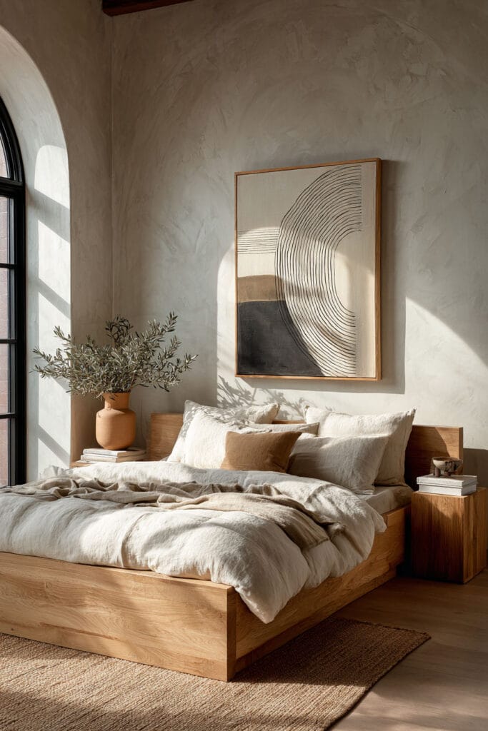 Japandi bedroom with abstract wall art, light wood bed, linen bedding, and neutral decor with olive branch styling